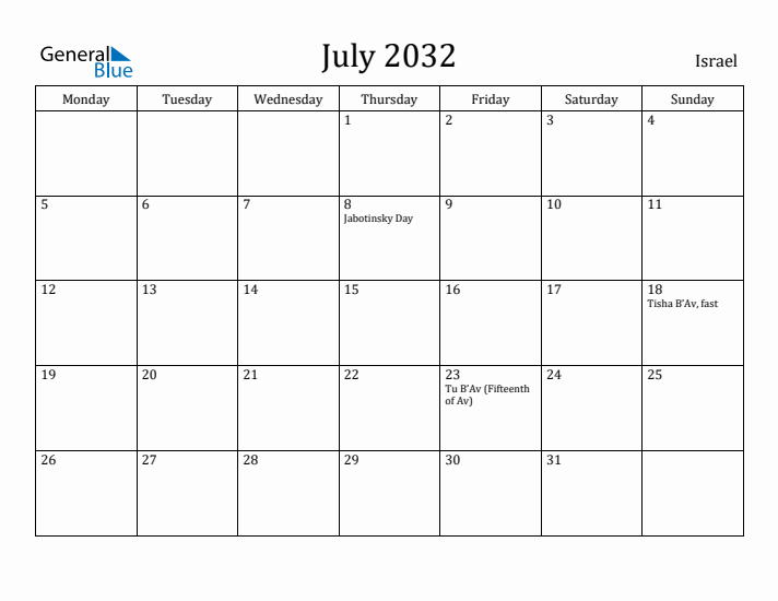July 2032 Calendar Israel