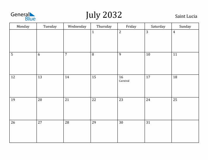 July 2032 Calendar Saint Lucia