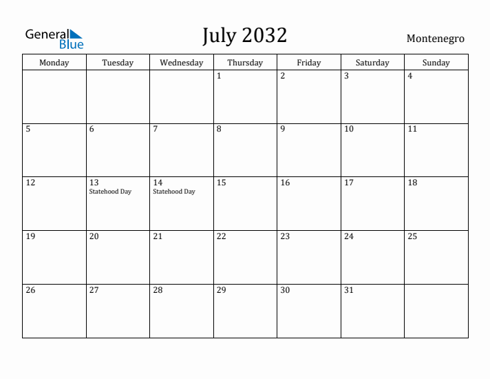 July 2032 Calendar Montenegro