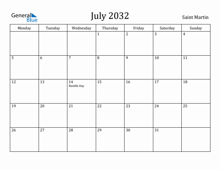 July 2032 Calendar Saint Martin
