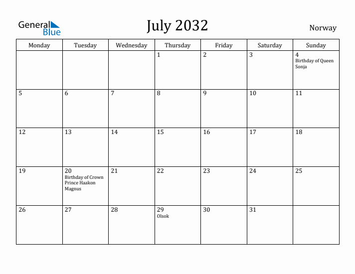 July 2032 Calendar Norway