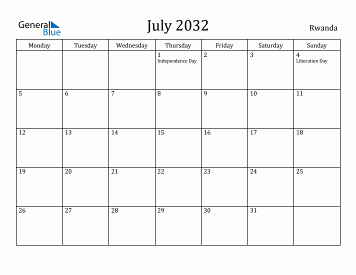 July 2032 Calendar Rwanda