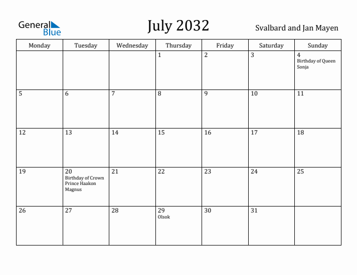 July 2032 Calendar Svalbard and Jan Mayen