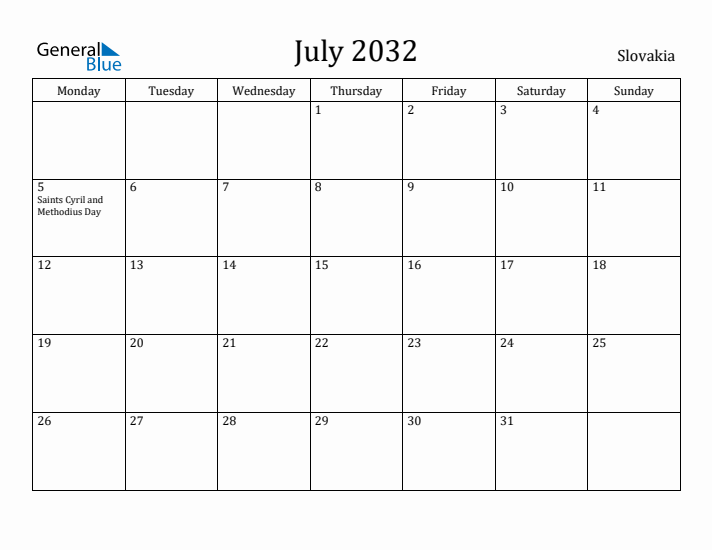 July 2032 Calendar Slovakia