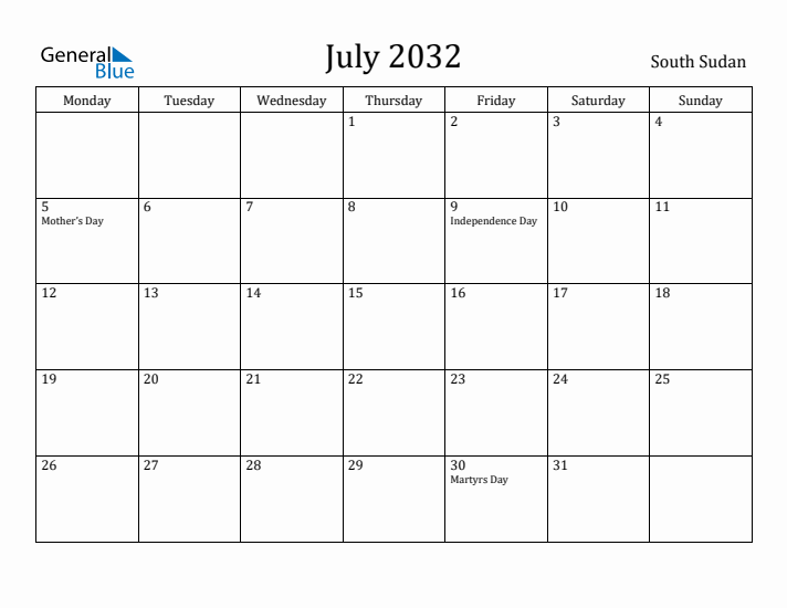 July 2032 Calendar South Sudan