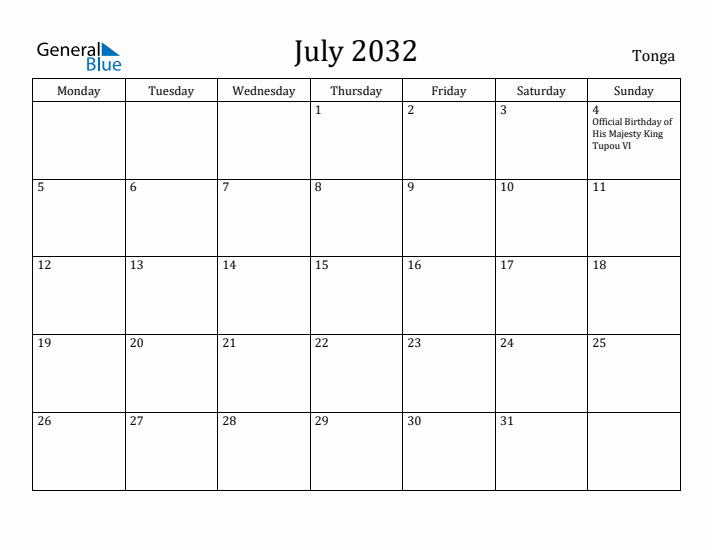July 2032 Calendar Tonga
