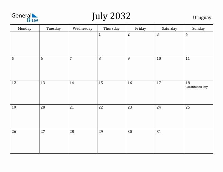 July 2032 Calendar Uruguay