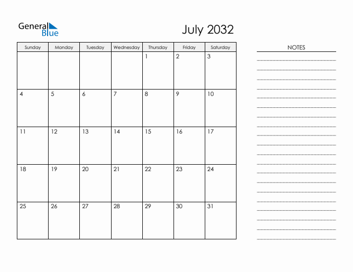 Printable Monthly Calendar with Notes - July 2032