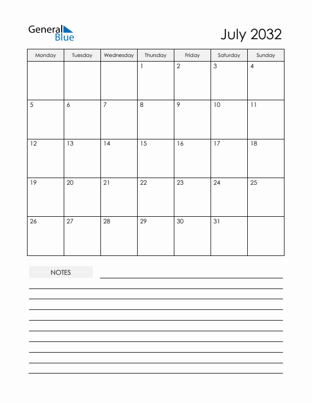 Printable Calendar with Notes - July 2032 