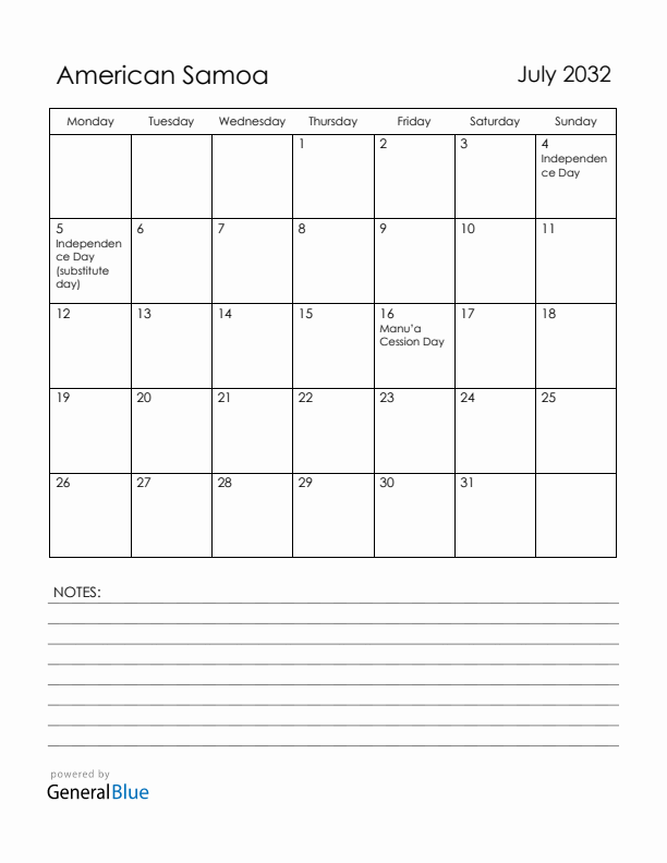 July 2032 American Samoa Calendar with Holidays (Monday Start)