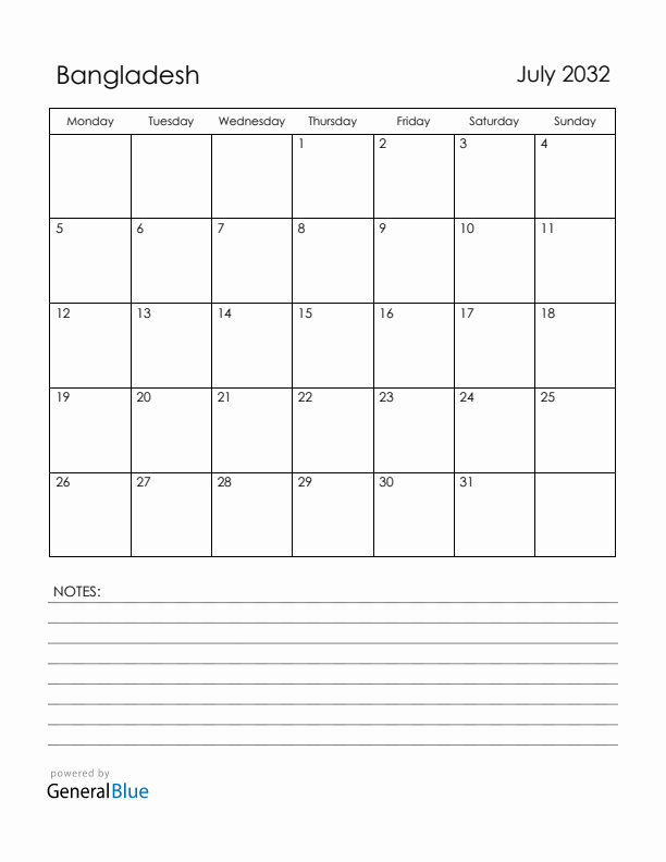 July 2032 Bangladesh Calendar with Holidays (Monday Start)