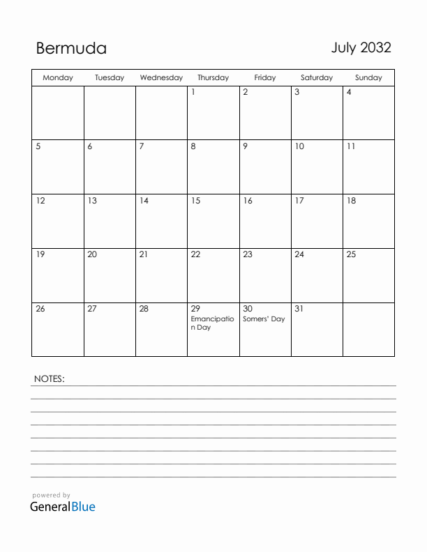 July 2032 Bermuda Calendar with Holidays (Monday Start)