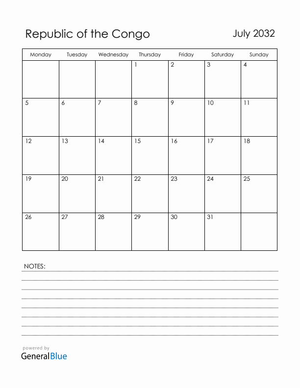 July 2032 Republic of the Congo Calendar with Holidays (Monday Start)