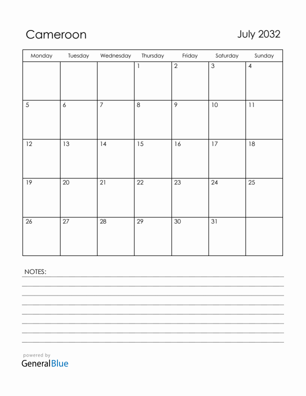 July 2032 Cameroon Calendar with Holidays (Monday Start)