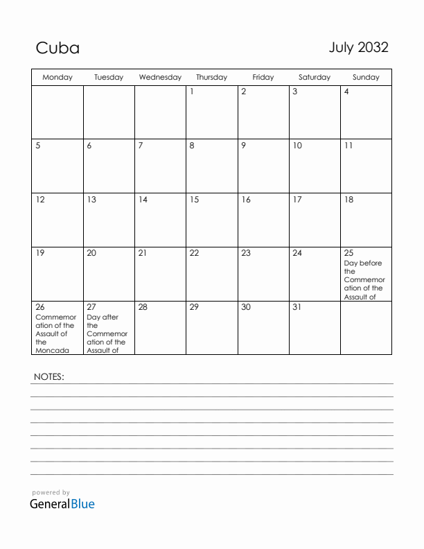 July 2032 Cuba Calendar with Holidays (Monday Start)