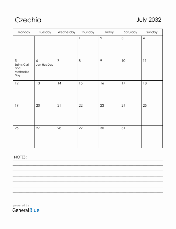 July 2032 Czechia Calendar with Holidays (Monday Start)