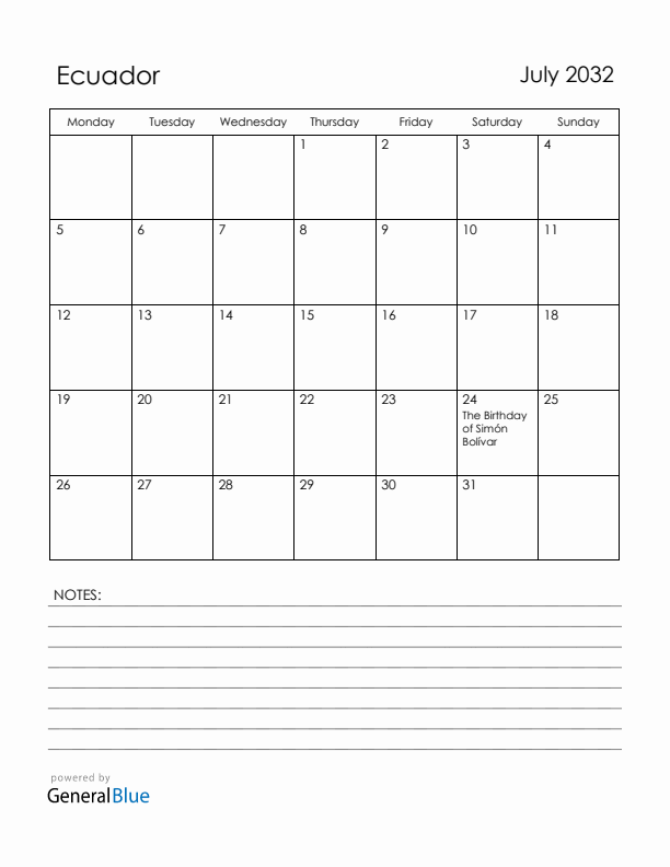 July 2032 Ecuador Calendar with Holidays (Monday Start)