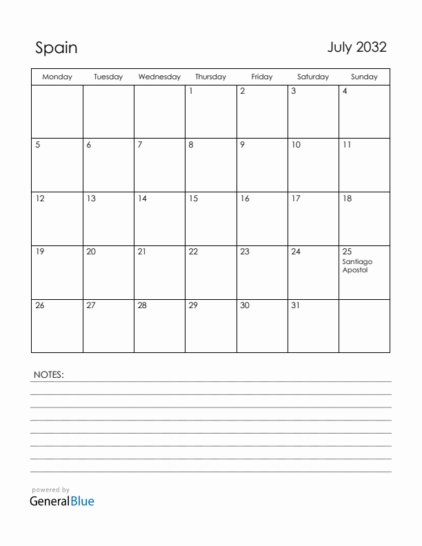 July 2032 Spain Calendar with Holidays (Monday Start)