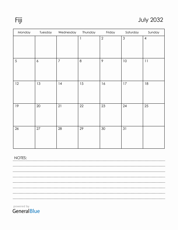 July 2032 Fiji Calendar with Holidays (Monday Start)