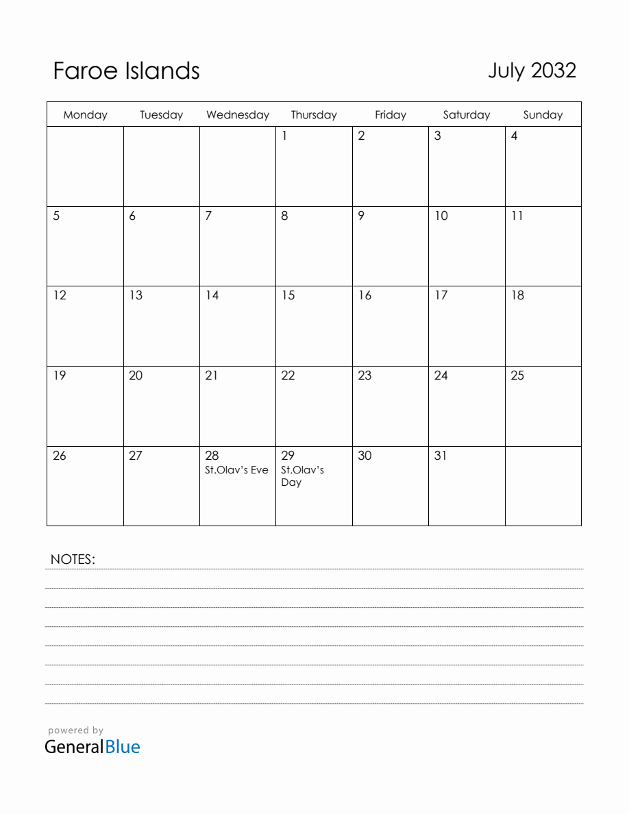 July 2032 Faroe Islands Calendar with Holidays (Monday Start)