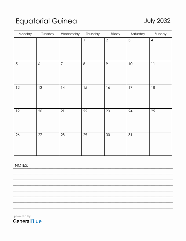 July 2032 Equatorial Guinea Calendar with Holidays (Monday Start)