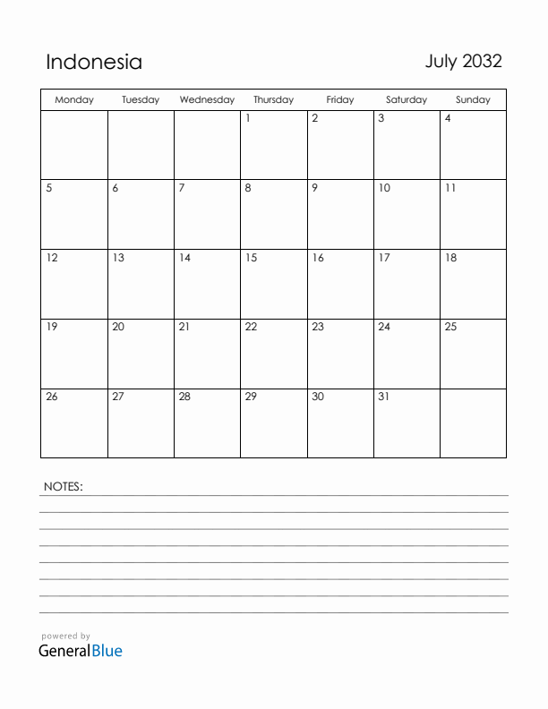 July 2032 Indonesia Calendar with Holidays (Monday Start)