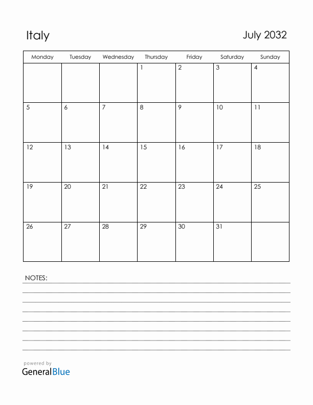 July 2032 Italy Calendar with Holidays (Monday Start)