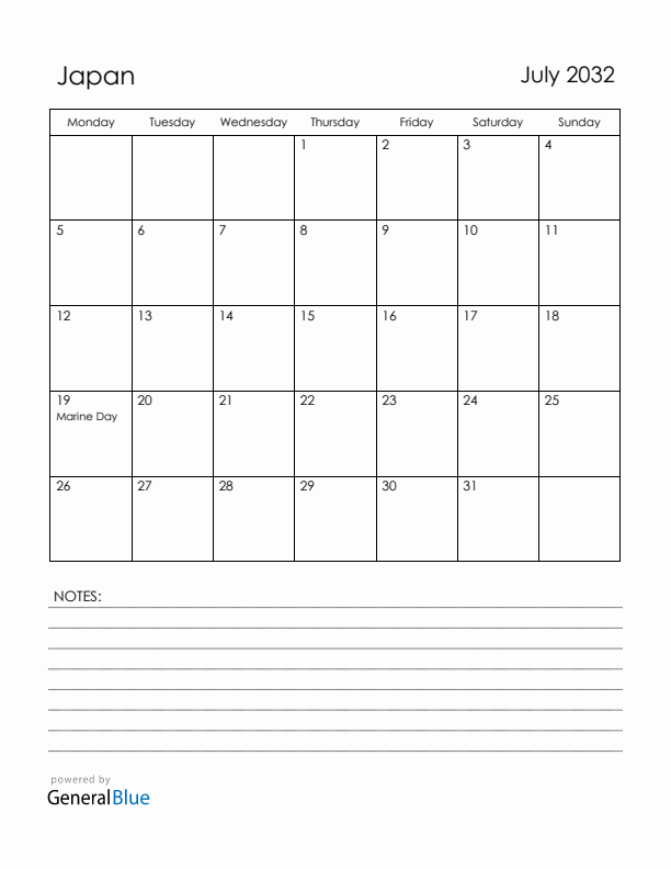 July 2032 Japan Calendar with Holidays (Monday Start)