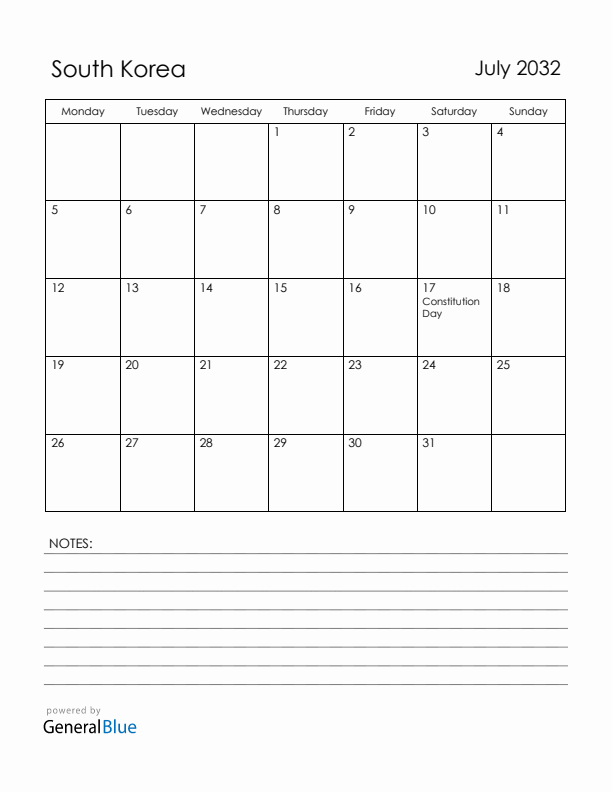 July 2032 South Korea Calendar with Holidays (Monday Start)