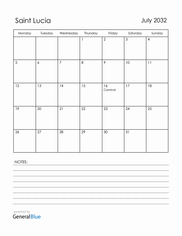 July 2032 Saint Lucia Calendar with Holidays (Monday Start)
