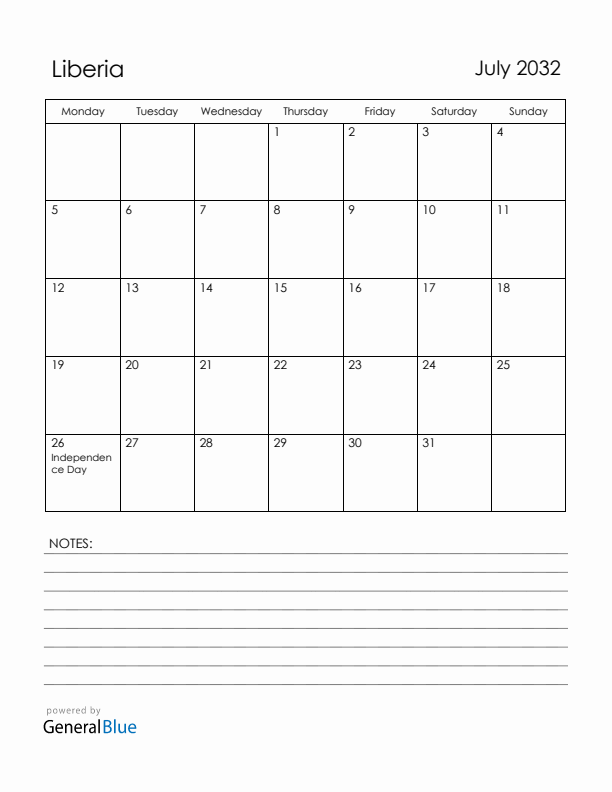 July 2032 Liberia Calendar with Holidays (Monday Start)