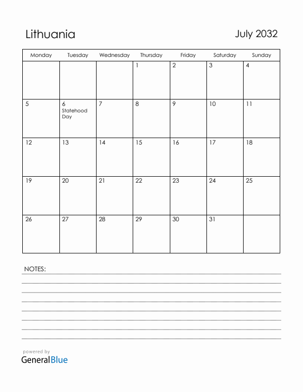 July 2032 Lithuania Calendar with Holidays (Monday Start)