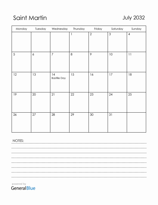 July 2032 Saint Martin Calendar with Holidays (Monday Start)
