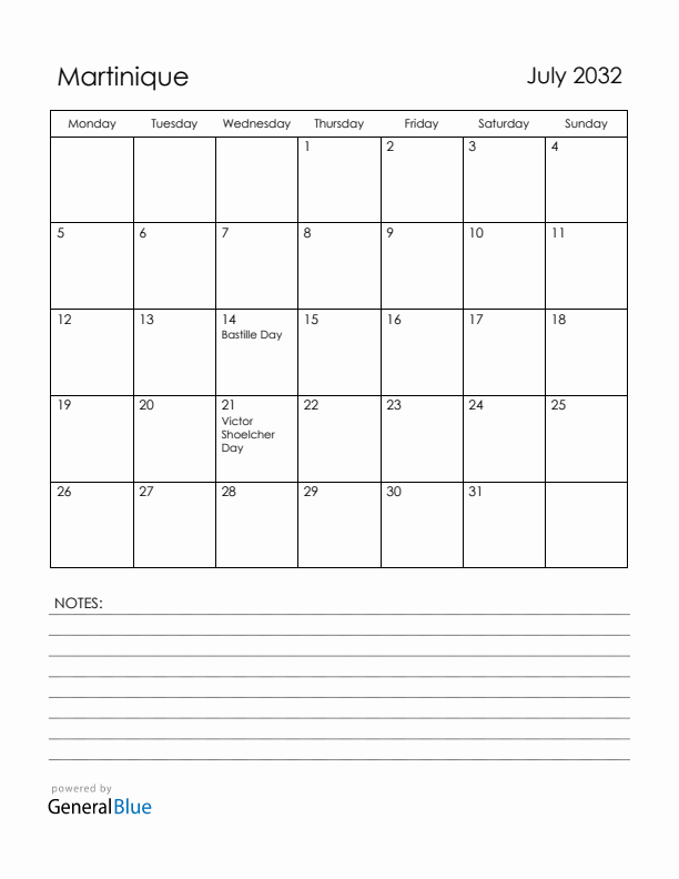 July 2032 Martinique Calendar with Holidays (Monday Start)