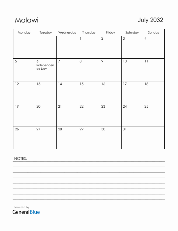 July 2032 Malawi Calendar with Holidays (Monday Start)