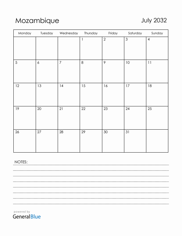 July 2032 Mozambique Calendar with Holidays (Monday Start)