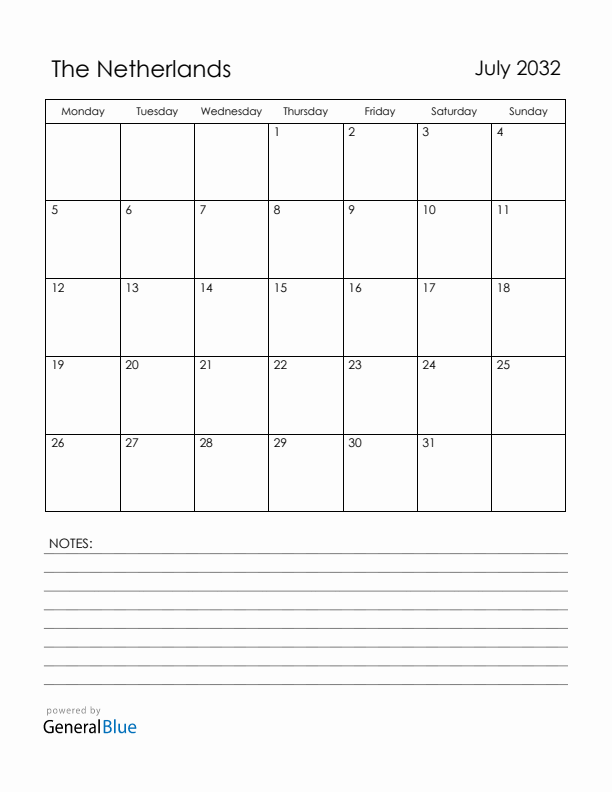 July 2032 The Netherlands Calendar with Holidays (Monday Start)