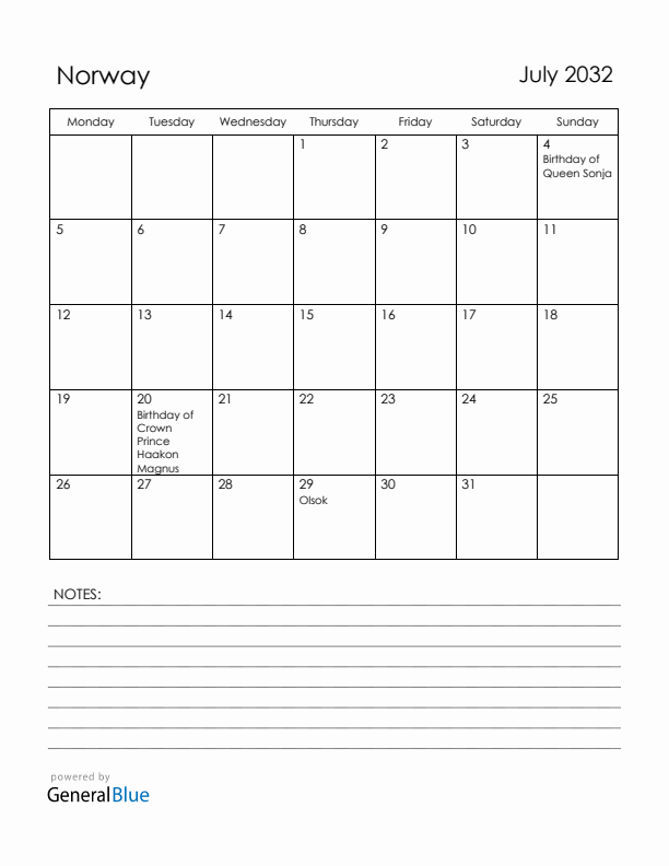 July 2032 Norway Calendar with Holidays (Monday Start)