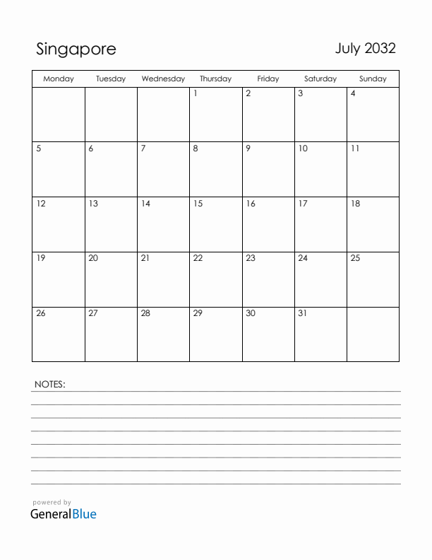 July 2032 Singapore Calendar with Holidays (Monday Start)