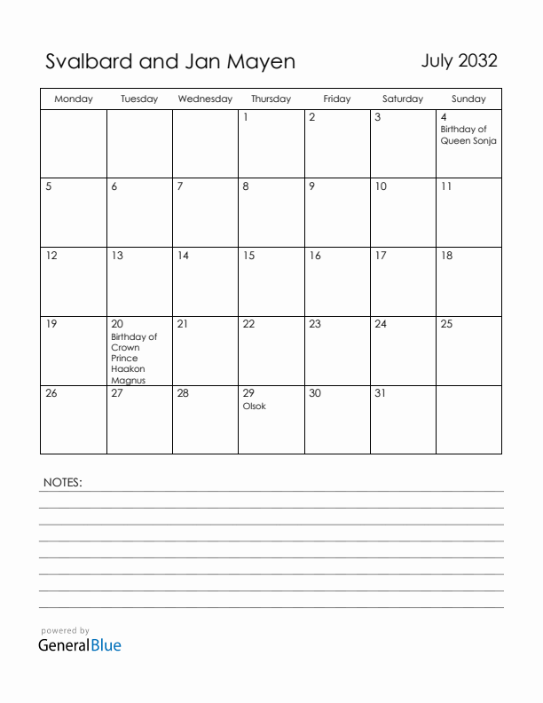 July 2032 Svalbard and Jan Mayen Calendar with Holidays (Monday Start)