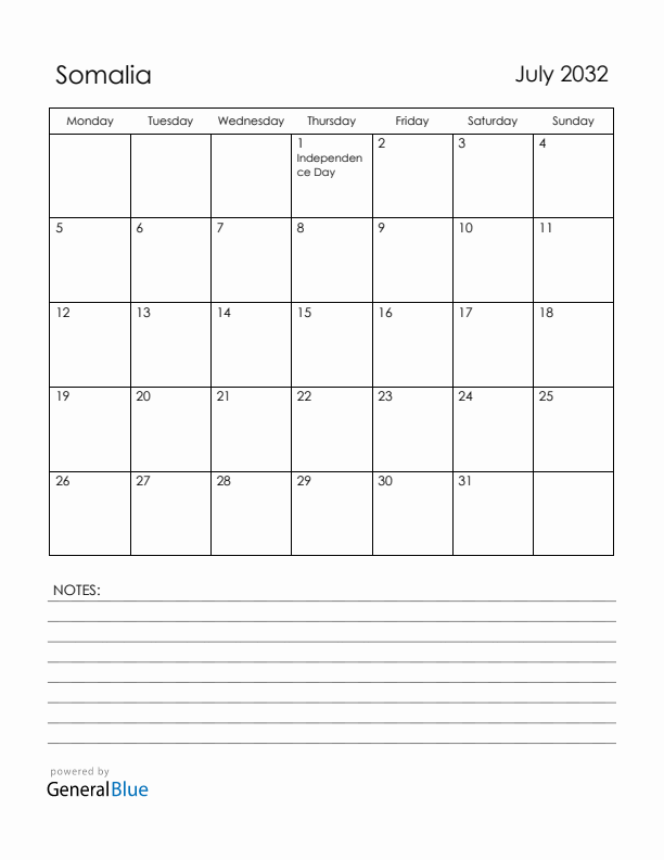 July 2032 Somalia Calendar with Holidays (Monday Start)