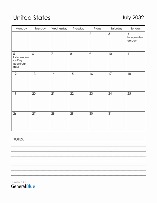 July 2032 United States Calendar with Holidays (Monday Start)