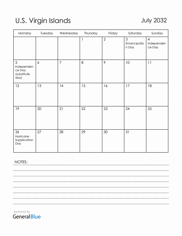 July 2032 U.S. Virgin Islands Calendar with Holidays (Monday Start)