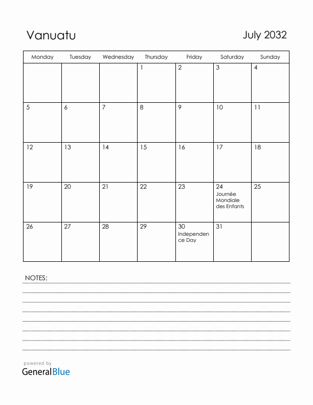 July 2032 Vanuatu Calendar with Holidays (Monday Start)