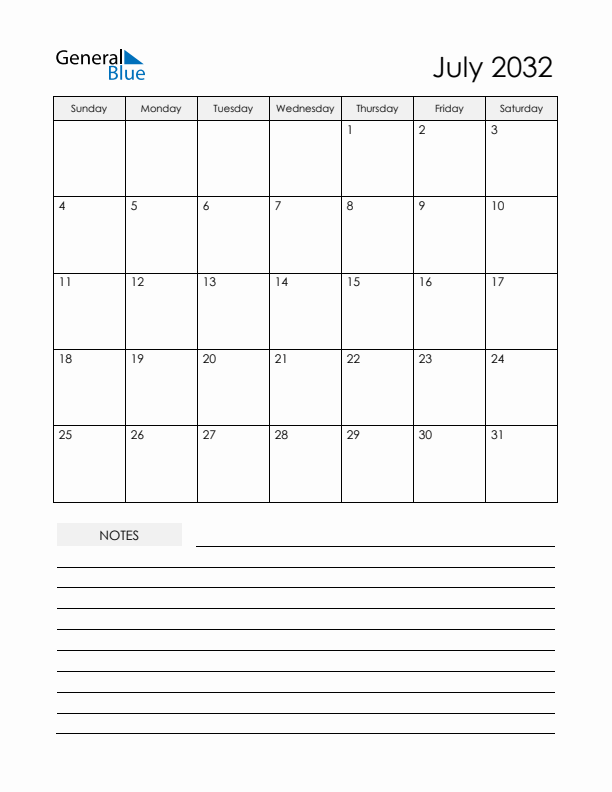 Printable Calendar with Notes - July 2032 