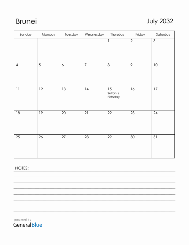 July 2032 Brunei Calendar with Holidays (Sunday Start)