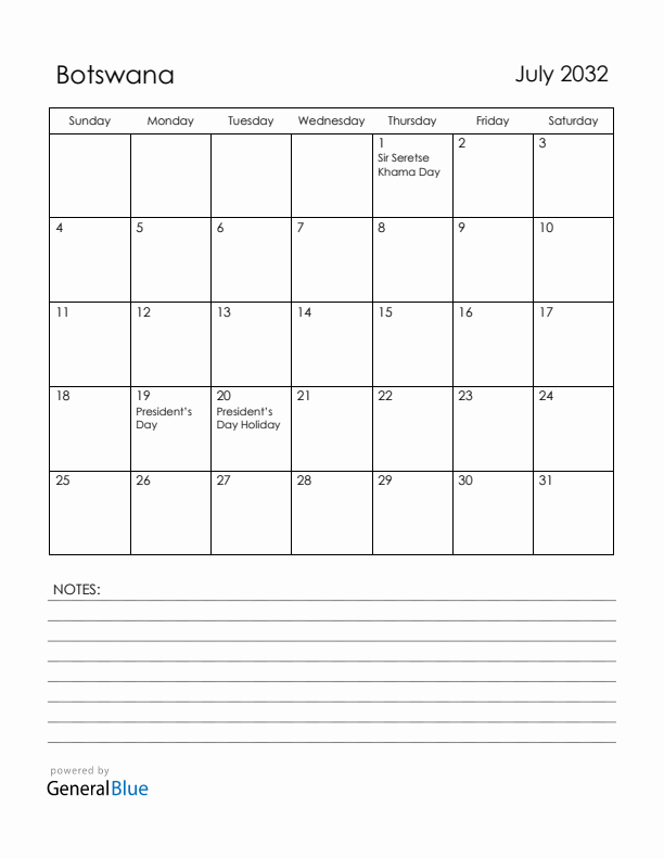 July 2032 Botswana Calendar with Holidays (Sunday Start)