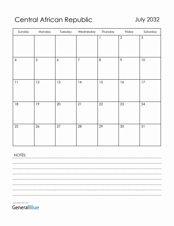 July 2032 Central African Republic Calendar with Holidays (Sunday Start)