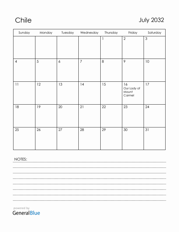 July 2032 Chile Calendar with Holidays (Sunday Start)