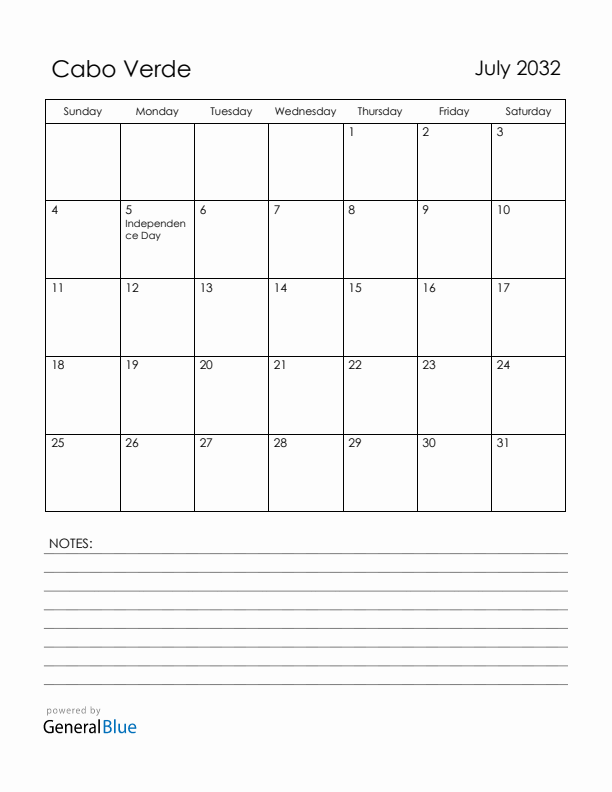 July 2032 Cabo Verde Calendar with Holidays (Sunday Start)
